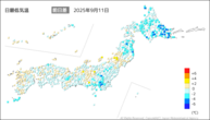 11日の最低気温前日差の分布図