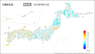 12日の最低気温前日差の分布図