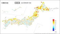 13日の最低気温前日差の分布図