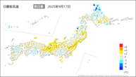 今日の最低気温前日差の分布図