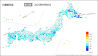 30日の最低気温前日差の分布図