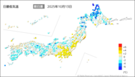 13日の最低気温前日差の分布図