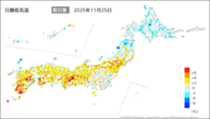 25日の最低気温前日差の分布図