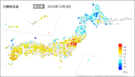 8日の最低気温前日差の分布図
