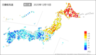 15日の最低気温前日差の分布図