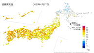 27日の最高気温の分布図