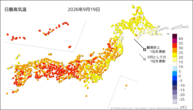 19日の最高気温の分布図