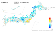 24日の最高気温平年差の分布図