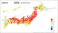 14日の最高気温平年差の分布図