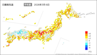 6日の最高気温平年差の分布図