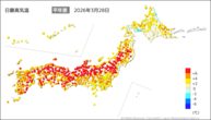 昨日の最高気温平年差の分布図
