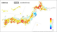 16日の最高気温平年差の分布図
