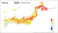 18日の最高気温平年差の分布図