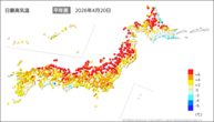 20日の最高気温平年差の分布図