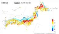 24日の最高気温平年差の分布図