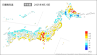 25日の最高気温平年差の分布図