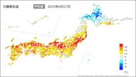 27日の最高気温平年差の分布図
