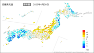 28日の最高気温平年差の分布図