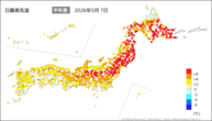 7日の最高気温平年差の分布図