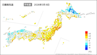 8日の最高気温平年差の分布図