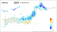 9日の最高気温平年差の分布図