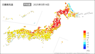 14日の最高気温平年差の分布図
