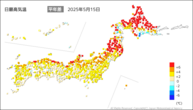 15日の最高気温平年差の分布図