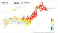 16日の最高気温平年差の分布図