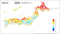 17日の最高気温平年差の分布図