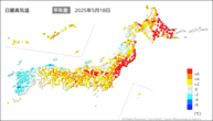 18日の最高気温平年差の分布図