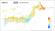 一昨日の最高気温平年差の分布図