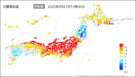 今日の最高気温平年差の分布図