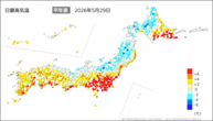 29日の最高気温平年差の分布図