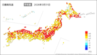 31日の最高気温平年差の分布図