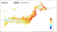 7日の最高気温平年差の分布図