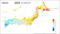 8日の最高気温平年差の分布図