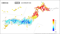 昨日の最高気温平年差の分布図