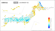 今日の最高気温平年差の分布図