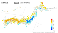 今日の最高気温平年差の分布図