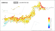 13日の最高気温平年差の分布図