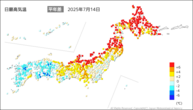 14日の最高気温平年差の分布図