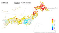 15日の最高気温平年差の分布図