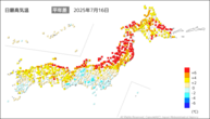 16日の最高気温平年差の分布図