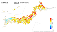 4日の最高気温平年差の分布図
