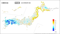 昨日の最高気温平年差の分布図