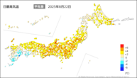 22日の最高気温平年差の分布図