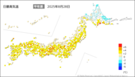 昨日の最高気温平年差の分布図