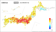 今日の最高気温平年差の分布図