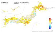 11日の最高気温平年差の分布図
