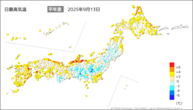 13日の最高気温平年差の分布図